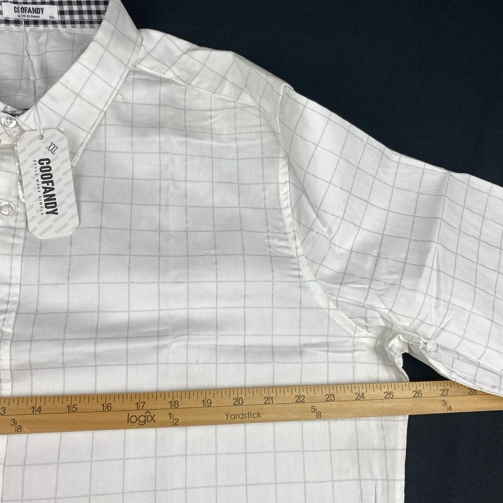COOFANDY Shirt Mens XXL White w/Gray Checks Buffalo Check Flip Cuffs NWT!